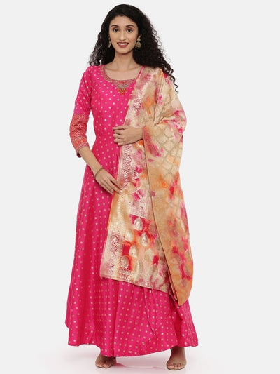 Neeru's Rani Pink Color Silk Fabric Full Sleeves Suit-Anarkali