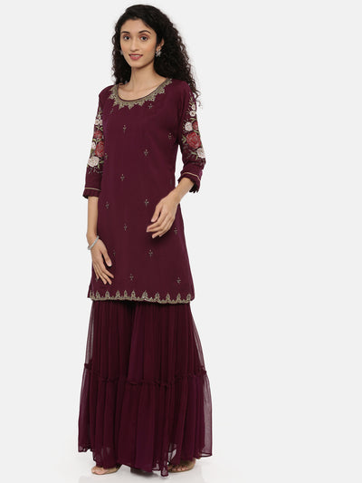 Neeru's Wine Color Georgette Fabric 3-4 Sleeves Suit-Gharara