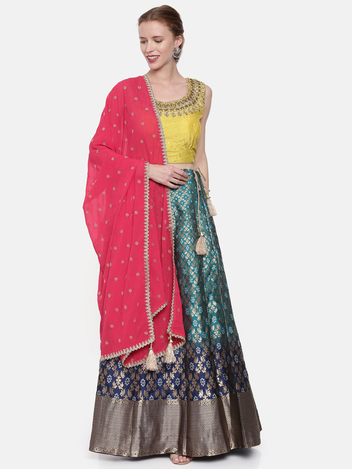 Neerus Yellow Banarasi woven lehenga ghagra set - front view