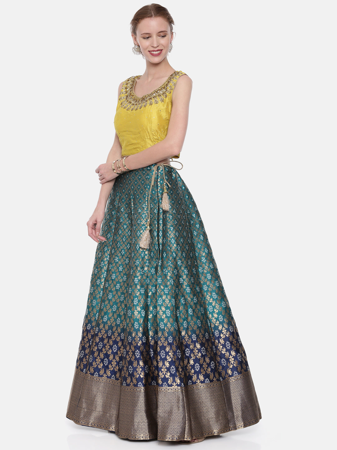Neeru'S Mustard Blue Color Banaras Fabric Ghagra Set