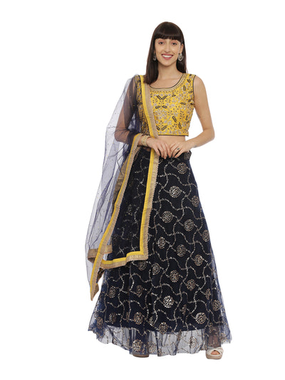Neeru's Yellow & Navy Embellished Lehenga Set