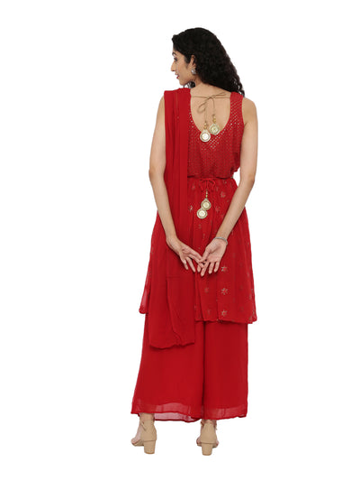 Neeru's Red Embellished Kurta With Palazzo & Dupatta