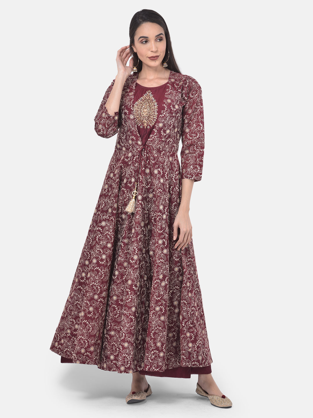 Neerus Maroon Embellished Anarkali Kurta With Jacket