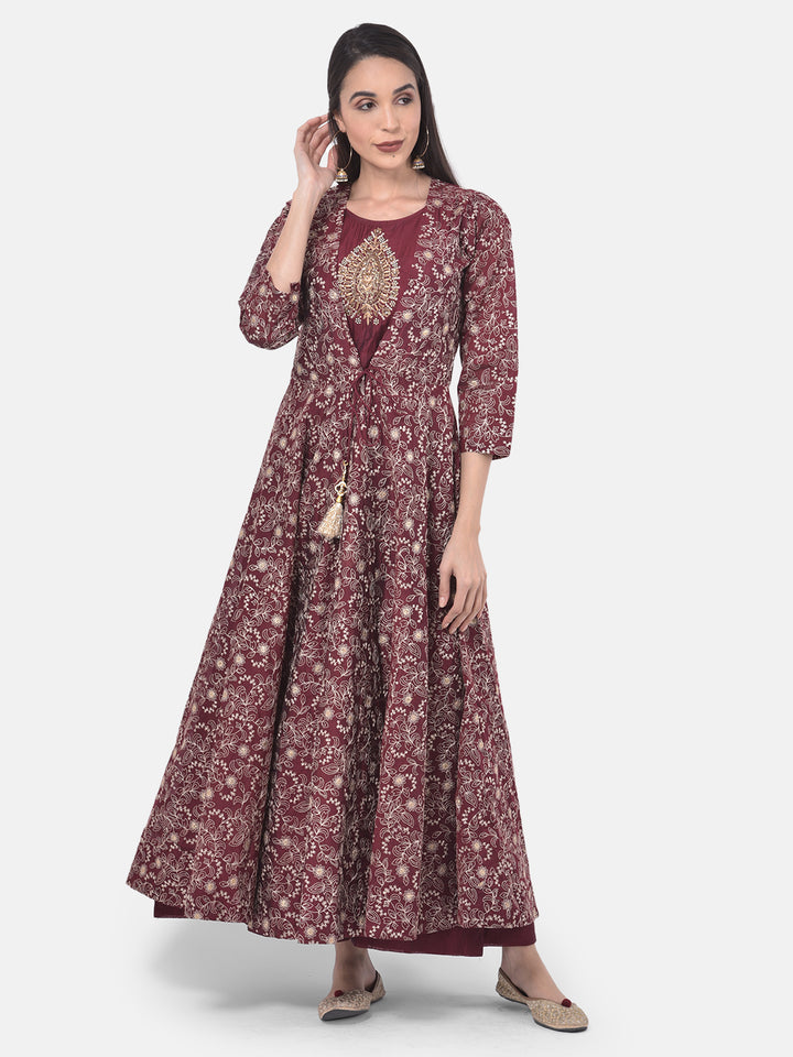 Neerus Maroon Embellished Anarkali Kurta With Jacket