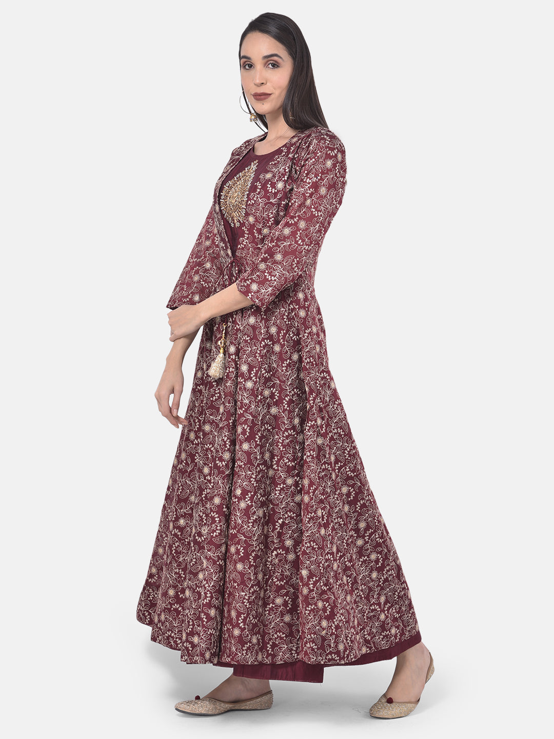 Neerus Maroon Embellished Anarkali Kurta With Jacket
