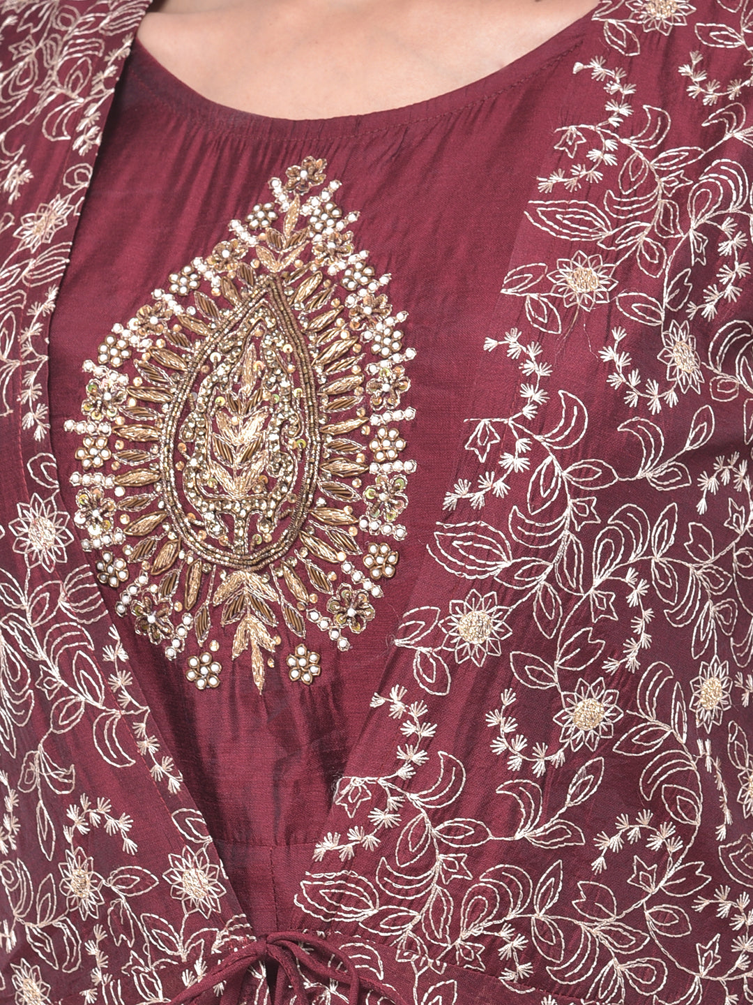 Neerus Maroon Embellished Anarkali Kurta With Jacket