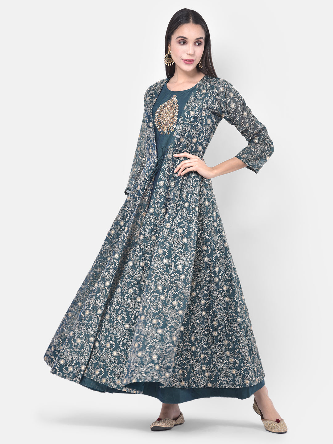Neerus Blue Georgette Embellished Anarkali Kurta with Jacket - detail view 4