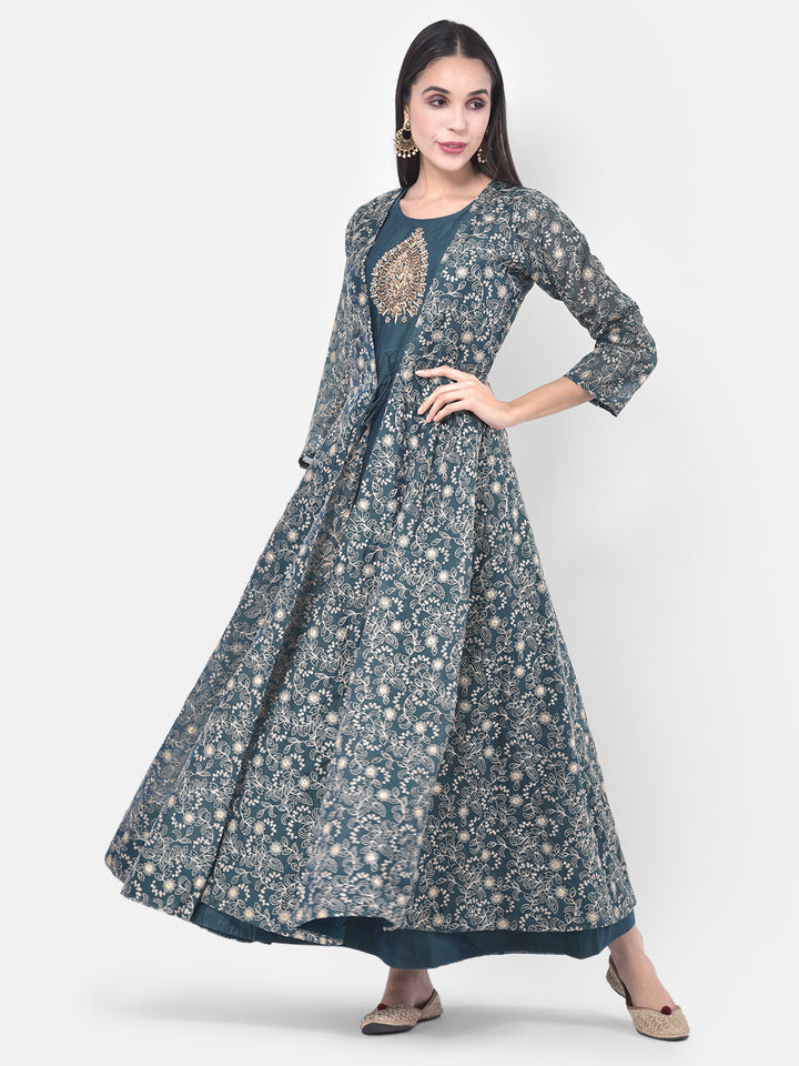 Neerus Blue Georgette Embellished Anarkali Kurta with Jacket - detail view 4