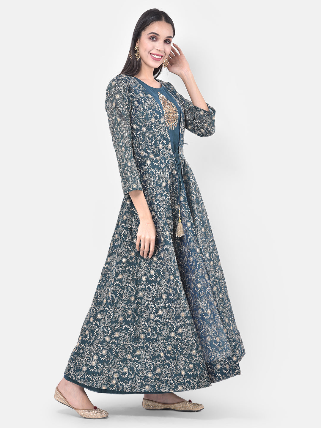 Neerus Blue Georgette Embellished Anarkali Kurta with Jacket - front view