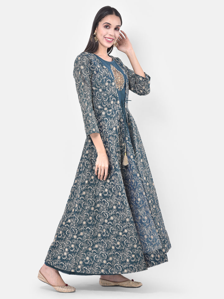 Neerus Blue Georgette Embellished Anarkali Kurta with Jacket - front view