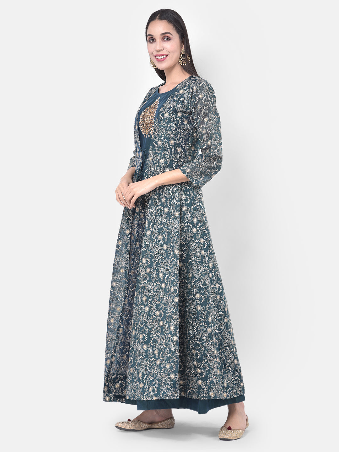 Neerus Blue Georgette Embellished Anarkali Kurta with Jacket - back view
