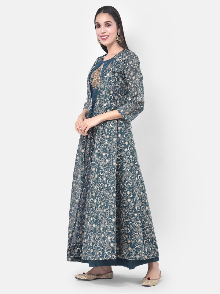Neerus Blue Georgette Embellished Anarkali Kurta with Jacket - back view
