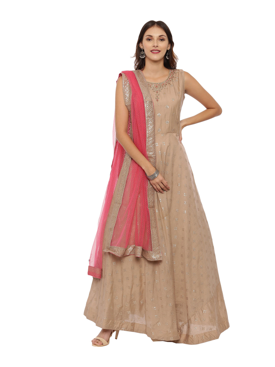Neerus Brown silk embroidered Anarkali suit set - front view