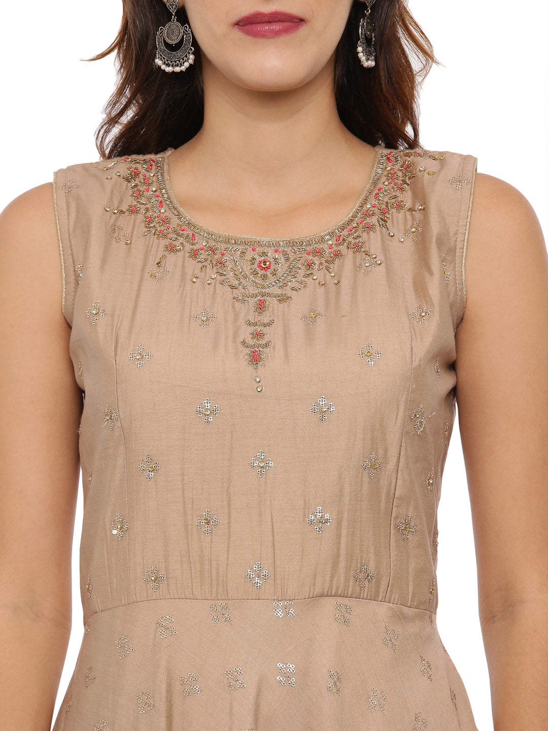 Neerus Brown silk embroidered Anarkali suit set - back view