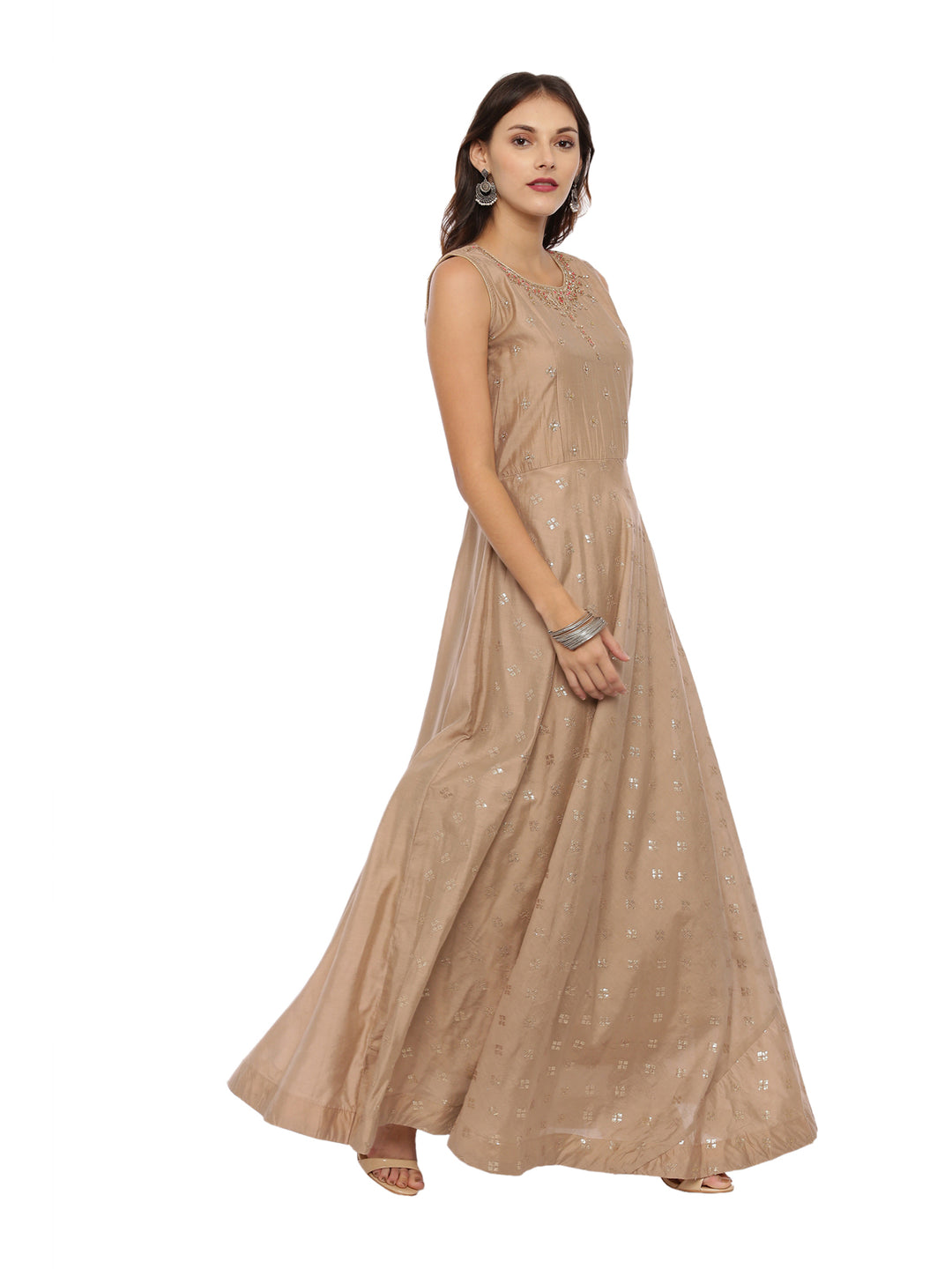 Neerus Brown silk embroidered Anarkali suit set - side view