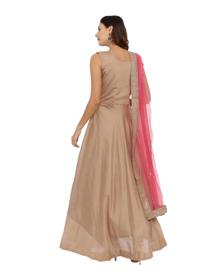 Neerus Brown silk embroidered Anarkali suit set - detail view 1