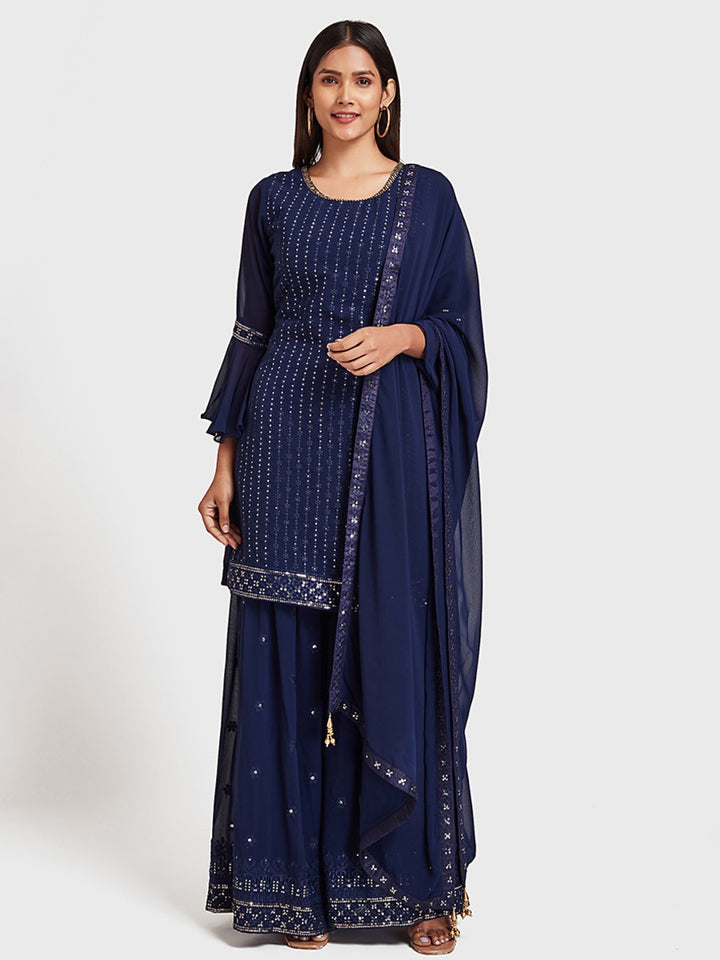 Neerus Blue Georgette Embellished Kurta Set - front view