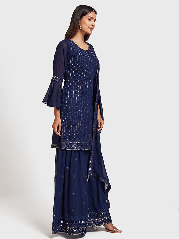 Neerus Blue Georgette Embellished Kurta Set - back view