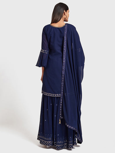 Neeru's Blue Embellished Kurta With Palazzo & Dupatta