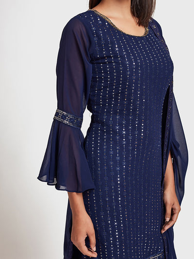 Neeru's Blue Embellished Kurta With Palazzo & Dupatta