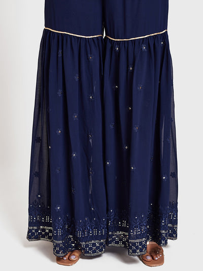Neeru's Blue Embellished Kurta With Palazzo & Dupatta
