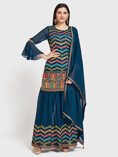 Neeru's Blue Embellished Kurta With Sharara & Dupatta