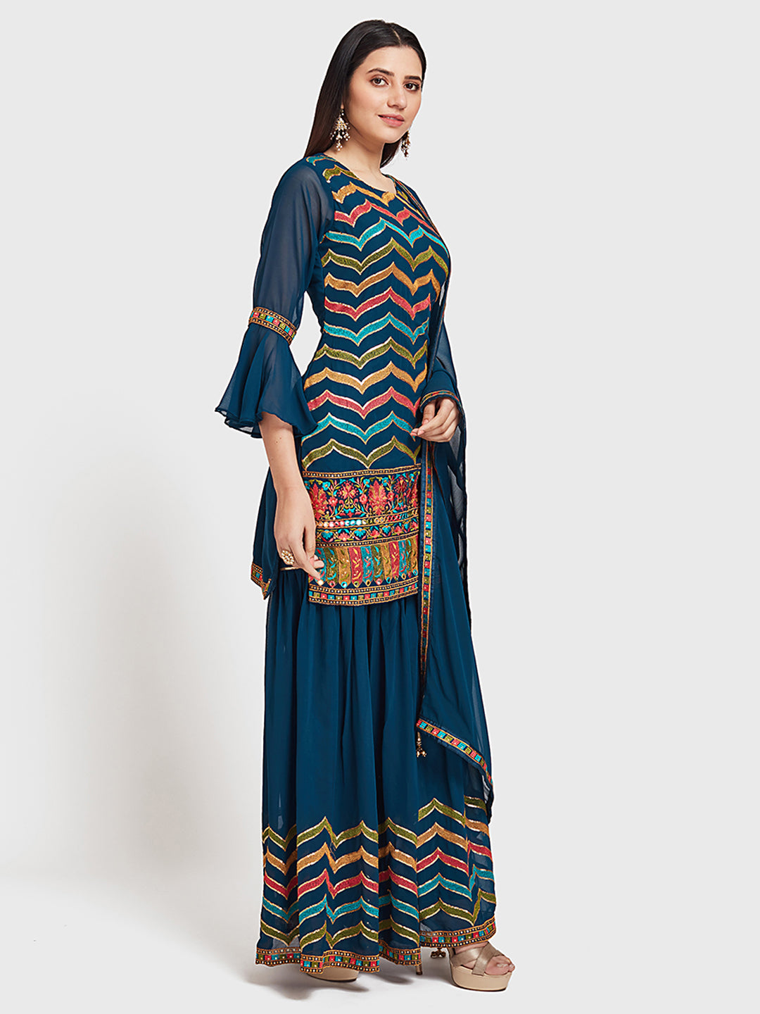 Neeru's Blue Embellished Kurta With Sharara & Dupatta