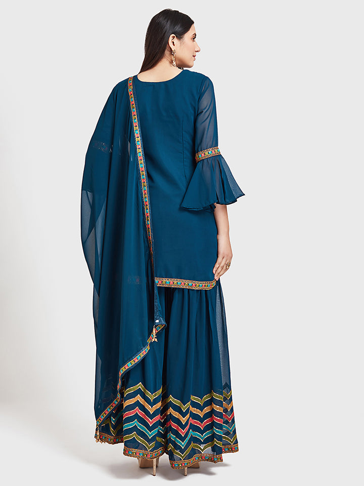 Neerus Blue georgette embellished sharara set anarkali - back view