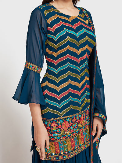 Neeru's Blue Embellished Kurta With Sharara & Dupatta