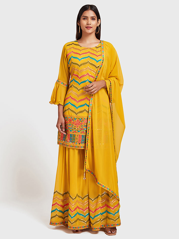 Neerus Yellow Embellished Kurta With Sharara & Dupatta