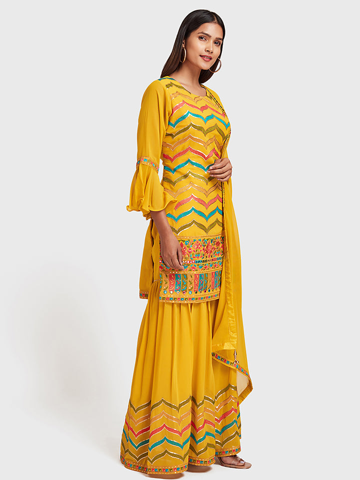 Neerus Yellow Embellished Kurta With Sharara & Dupatta