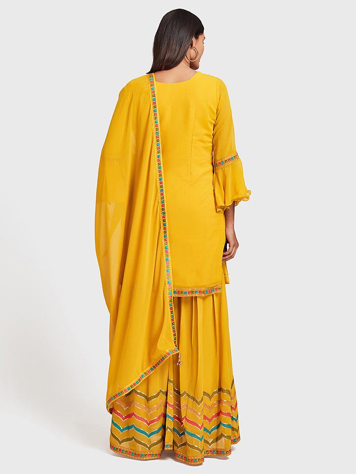 Neerus Yellow Embellished Kurta With Sharara & Dupatta