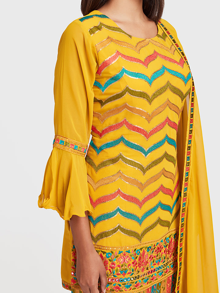 Neerus Yellow Embellished Kurta With Sharara & Dupatta