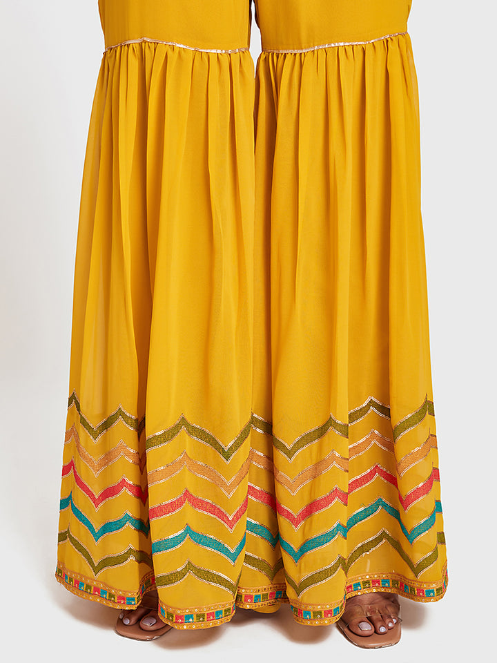 Neerus Yellow Embellished Kurta With Sharara & Dupatta