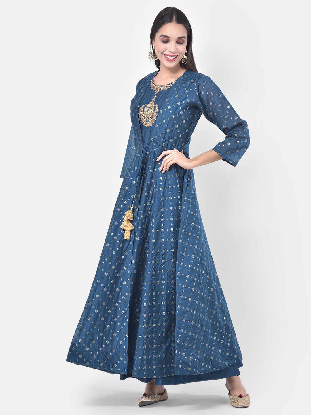 Neerus Blue Chanderi printed suit set - detail view 4