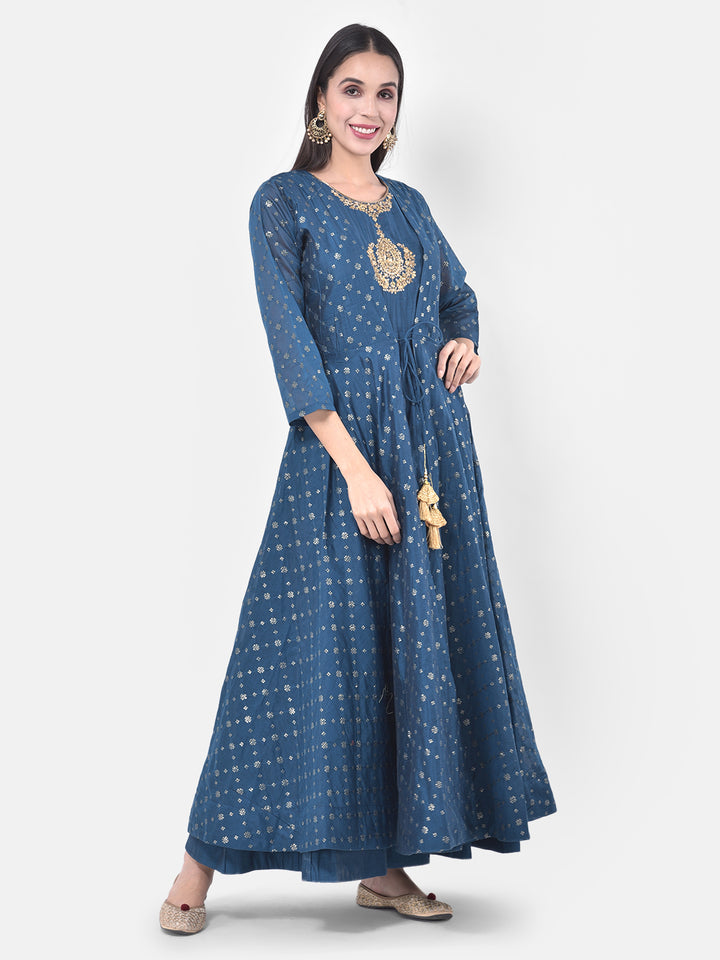 Neerus Blue Chanderi printed suit set - front view