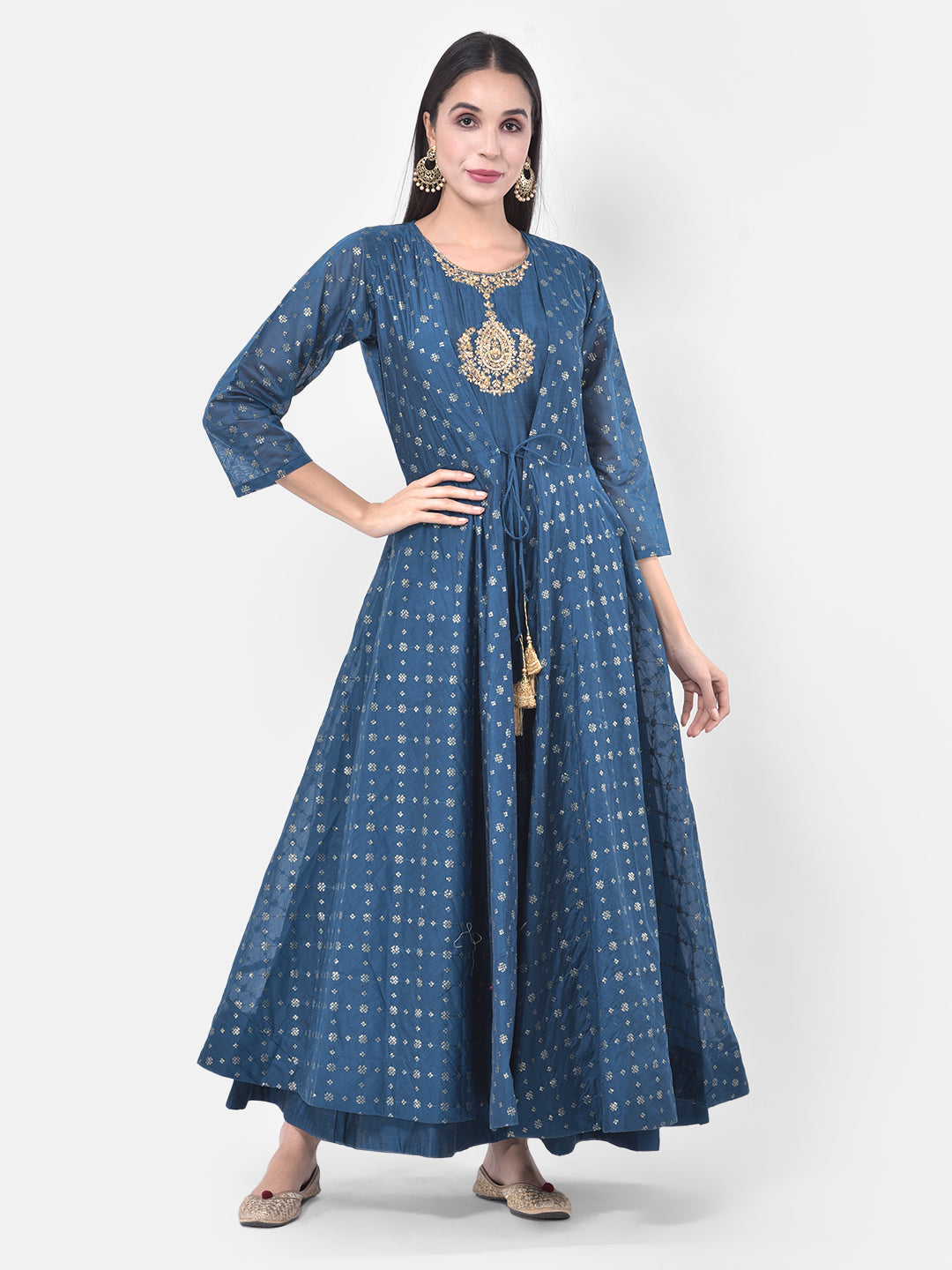 Neerus Blue Chanderi printed suit set - back view
