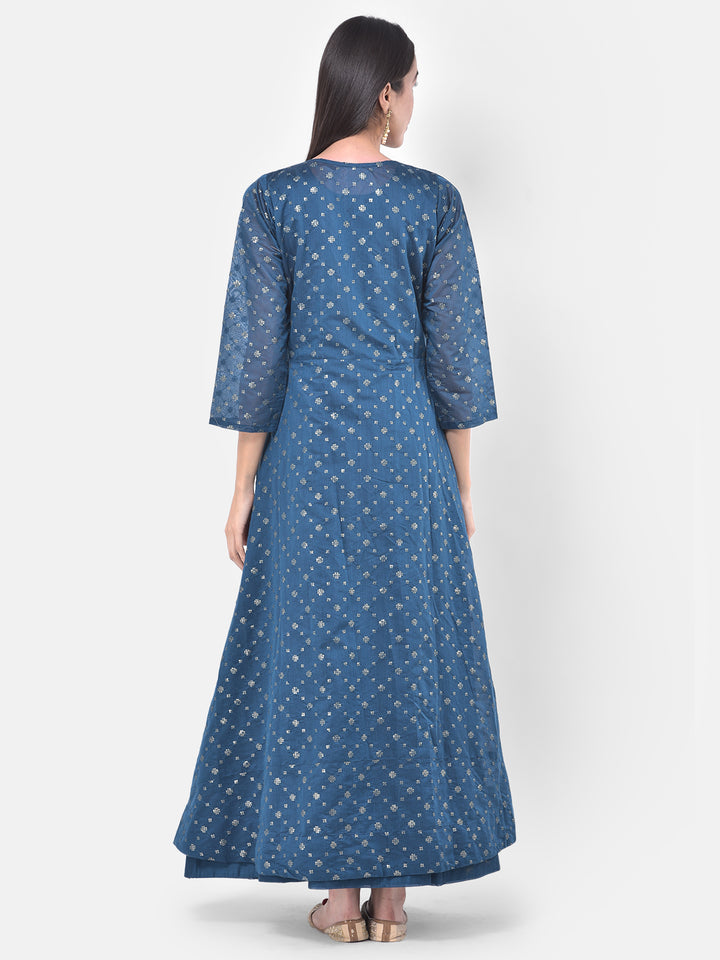 Neerus Blue Chanderi printed suit set - detail view 1