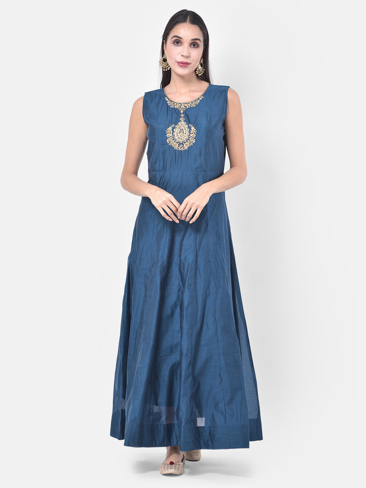 Neerus Blue Chanderi printed suit set - detail view 3