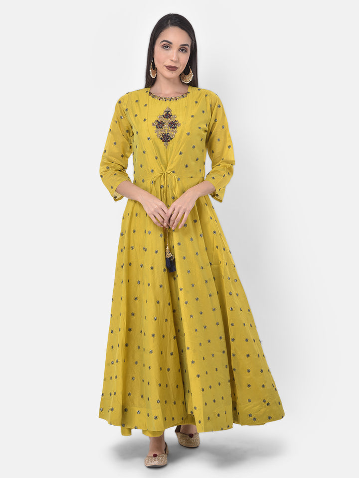 Neerus Yellow Chanderi printed suit set - detail view 3