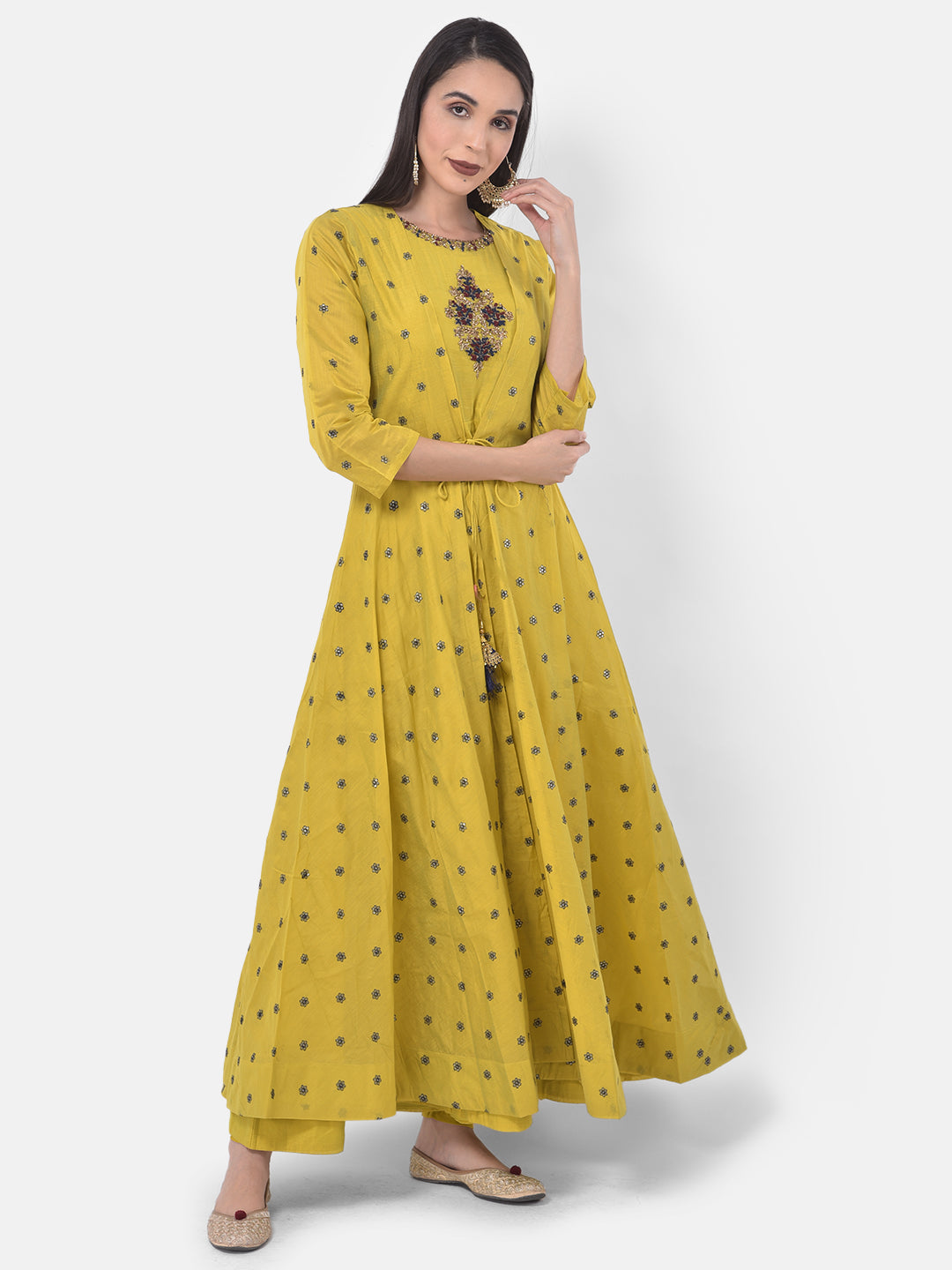 Neerus Yellow Chanderi printed suit set - front view