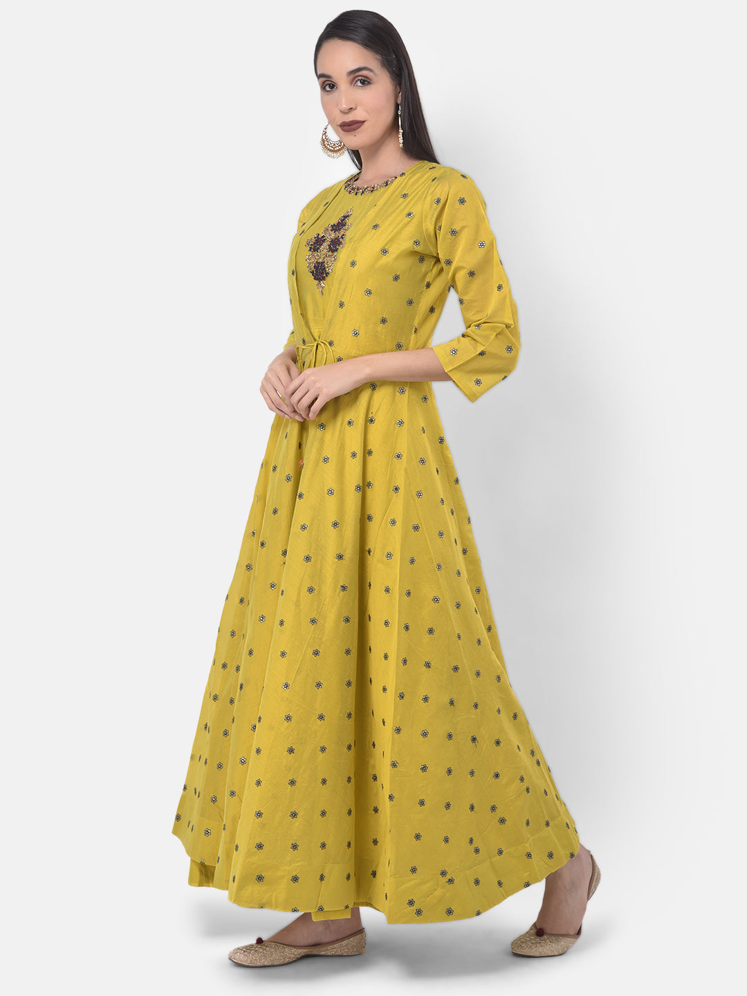 Neerus Yellow Chanderi printed suit set - back view