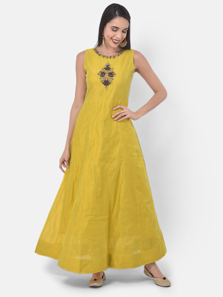 Neerus Yellow Chanderi printed suit set - detail view 2