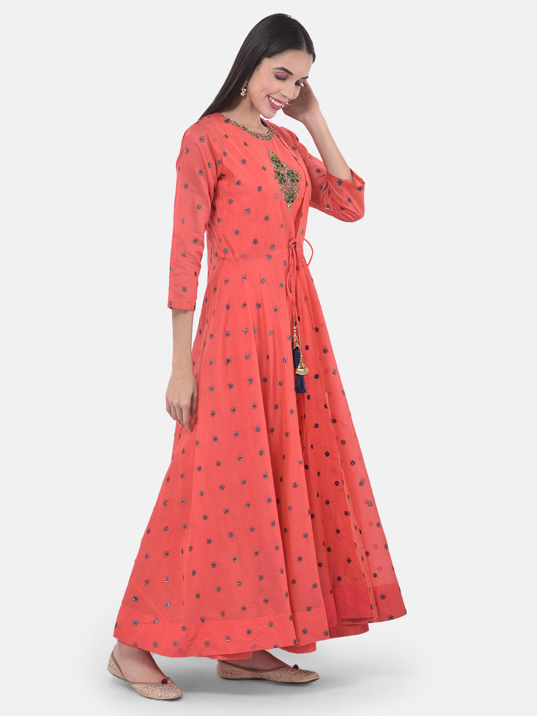 Neerus Pink embellished anarkali kurta with jacket - front view
