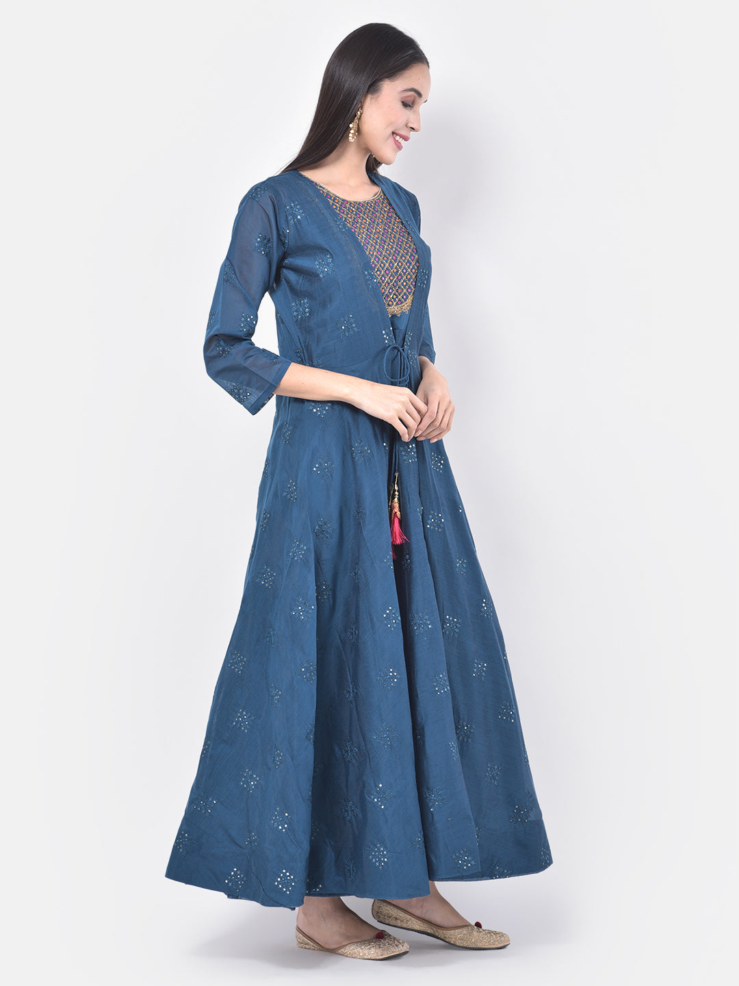 Neerus Peacock Color Chanderi Fabric Suit-Fusion