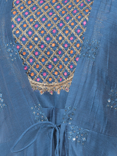 Neeru'S Peacock Color Chanderi Fabric Suit-Fusion