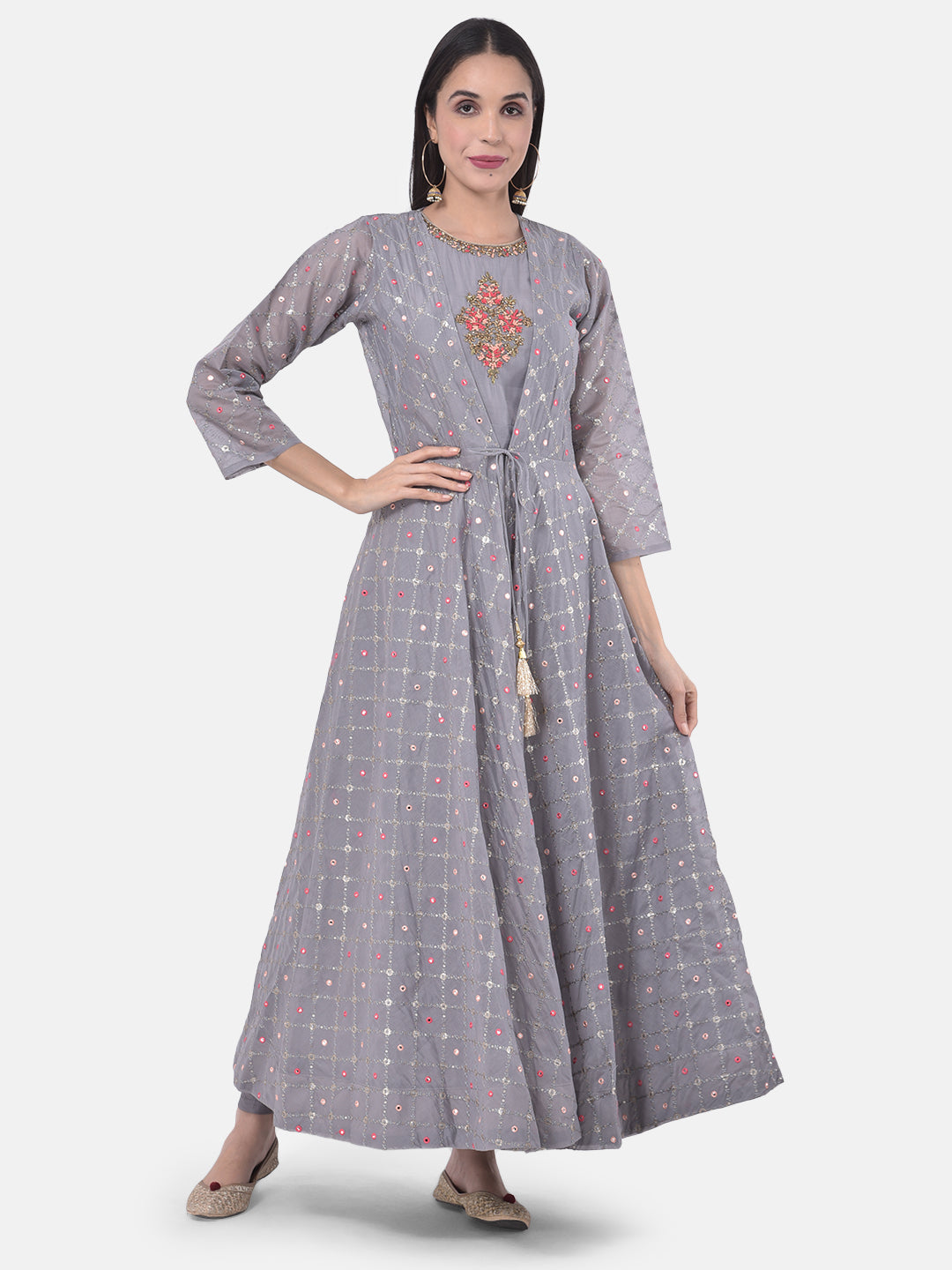 Neerus Grey Color Chanderi Fabric Suit-Fusion