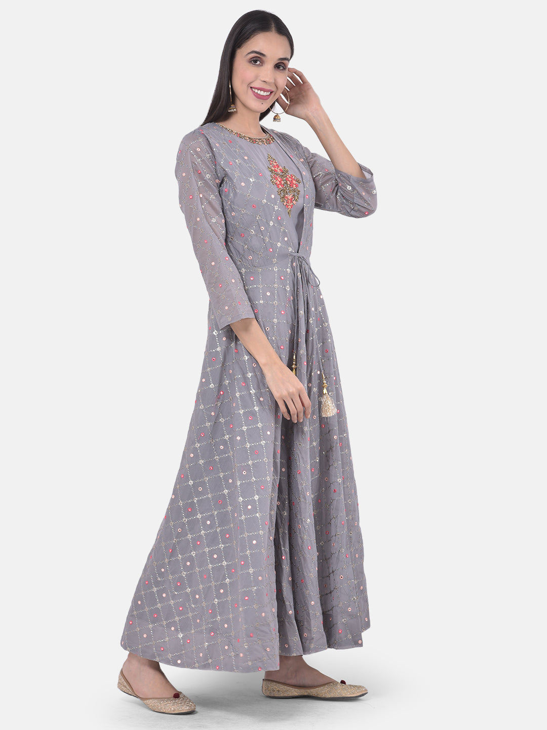 Neerus Grey Color Chanderi Fabric Suit-Fusion
