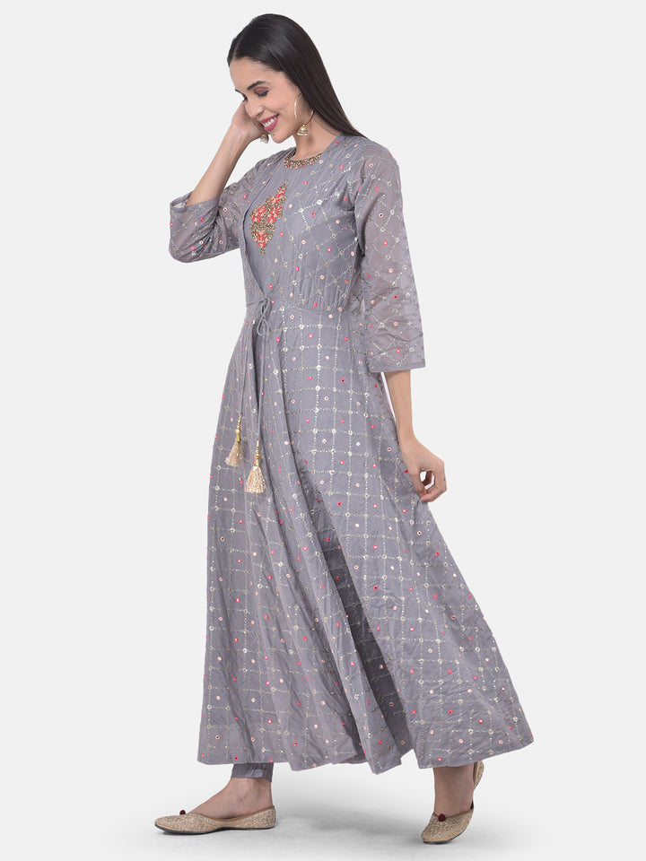 Neerus Grey Color Chanderi Fabric Suit-Fusion
