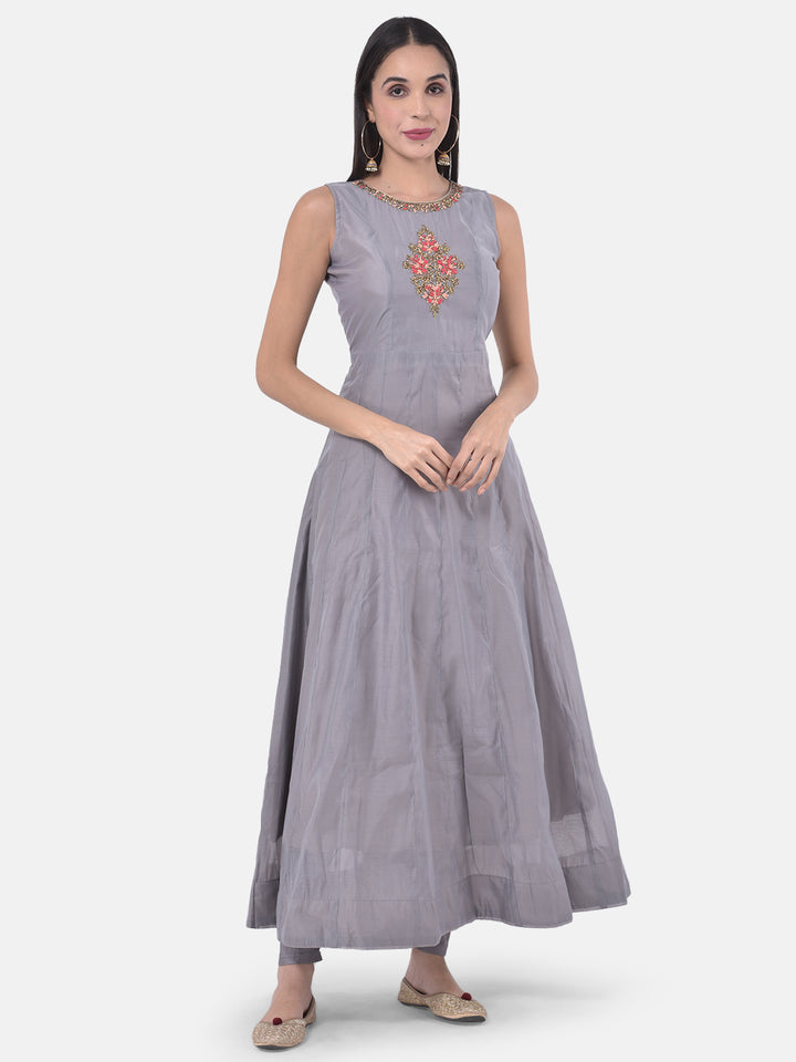 Neerus Grey Color Chanderi Fabric Suit-Fusion